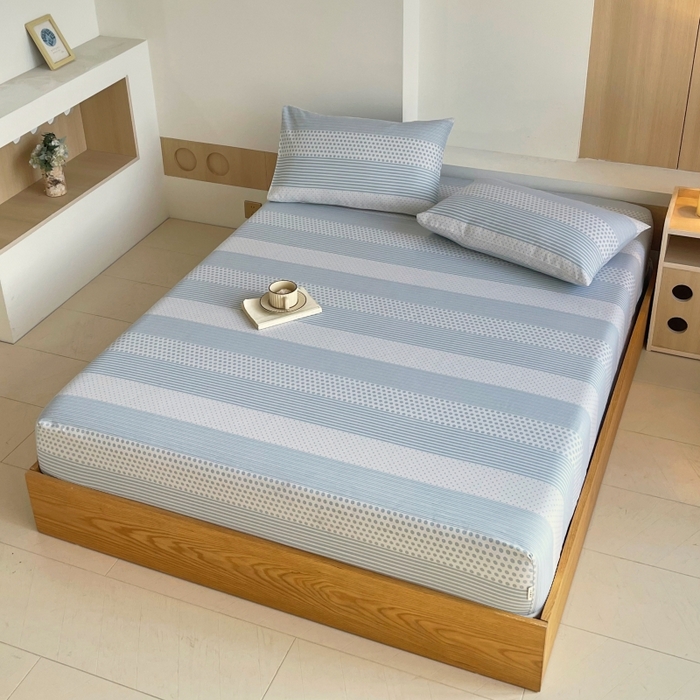 91家纺网 家纺一手货源 找家纺 慕尚家纺 2025新款全棉纯棉老粗布条格床笠款凉席席子 暖光-蓝