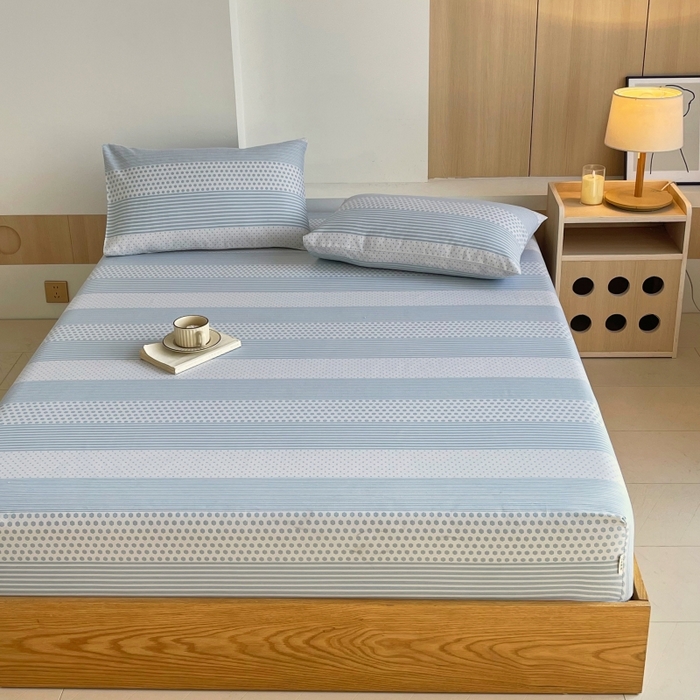 91家纺网 家纺一手货源 找家纺 慕尚家纺 2025新款全棉纯棉老粗布条格床笠款凉席席子 暖光-蓝