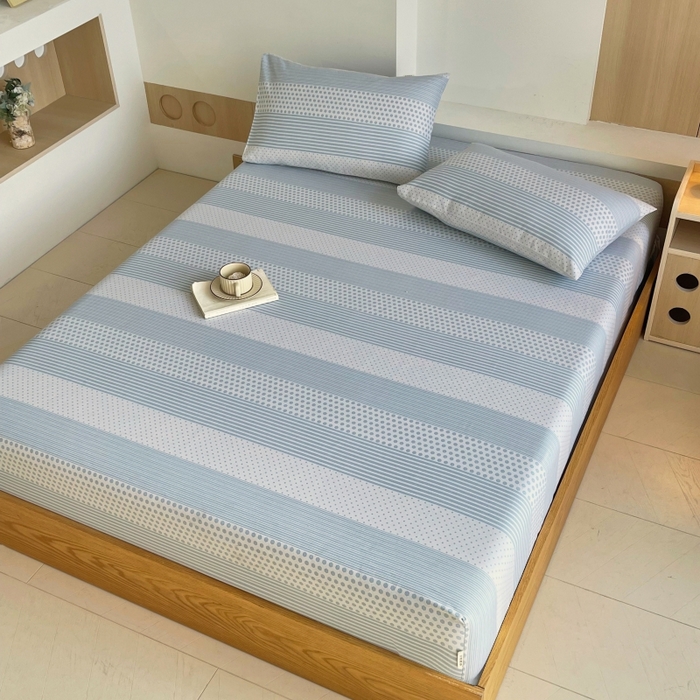 91家纺网 家纺一手货源 找家纺 慕尚家纺 2025新款全棉纯棉老粗布条格床笠款凉席席子 暖光-蓝