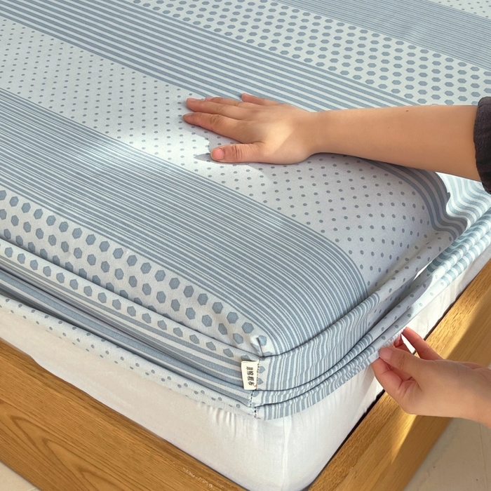 91家纺网 家纺一手货源 找家纺 慕尚家纺 2025新款全棉纯棉老粗布条格床笠款凉席席子 暖光-蓝