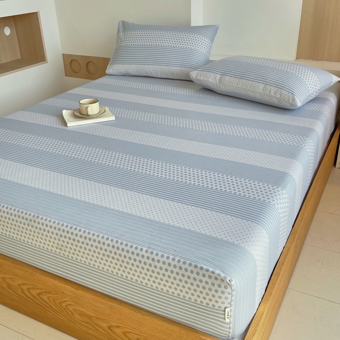 91家纺网 家纺一手货源 找家纺 慕尚家纺 2025新款全棉纯棉老粗布条格床笠款凉席席子 暖光-蓝