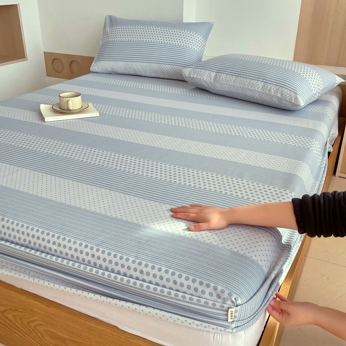 91家纺网 家纺一手货源 找家纺 慕尚家纺 2025新款全棉纯棉老粗布条格床笠款凉席席子 暖光-蓝