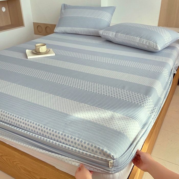 91家纺网 家纺一手货源 找家纺 慕尚家纺 2025新款全棉纯棉老粗布条格床笠款凉席席子 暖光-蓝