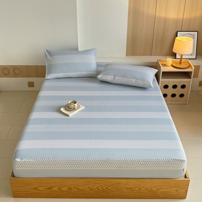 91家纺网 家纺一手货源 找家纺 慕尚家纺 2025新款全棉纯棉老粗布条格床笠款凉席席子 暖光-蓝