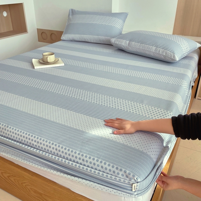 91家纺网 家纺一手货源 找家纺 慕尚家纺 2025新款全棉纯棉老粗布条格床笠款凉席席子 暖光-蓝