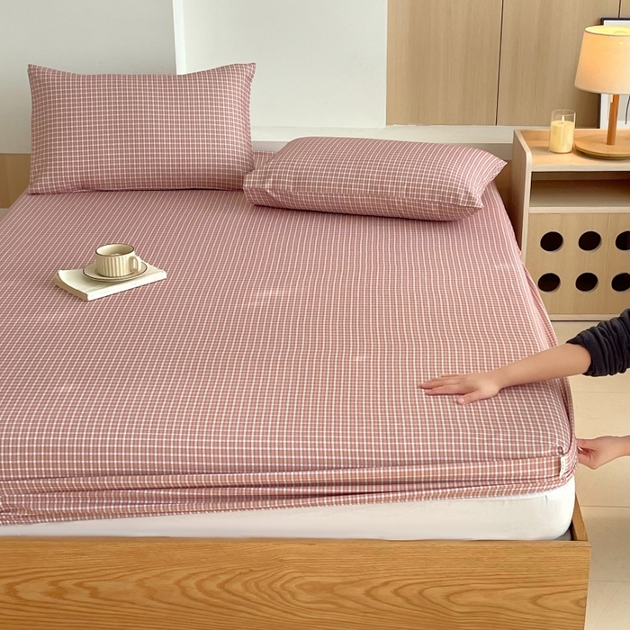 91家纺网 家纺一手货源 找家纺 慕尚家纺 2025新款全棉纯棉老粗布条格床笠款凉席席子 塞约-粉