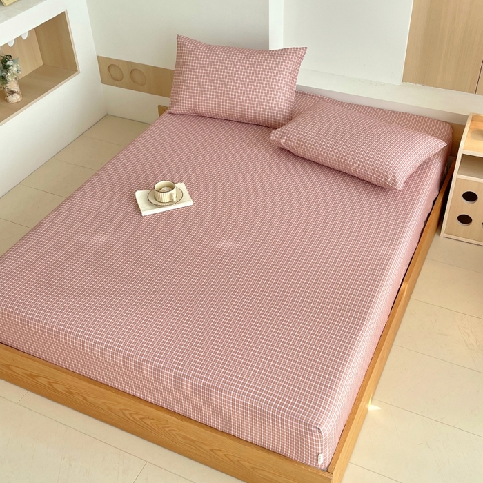 91家纺网 家纺一手货源 找家纺 慕尚家纺 2025新款全棉纯棉老粗布条格床笠款凉席席子 塞约-粉