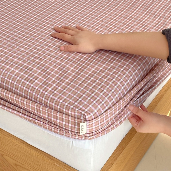 91家纺网 家纺一手货源 找家纺 慕尚家纺 2025新款全棉纯棉老粗布条格床笠款凉席席子 塞约-粉