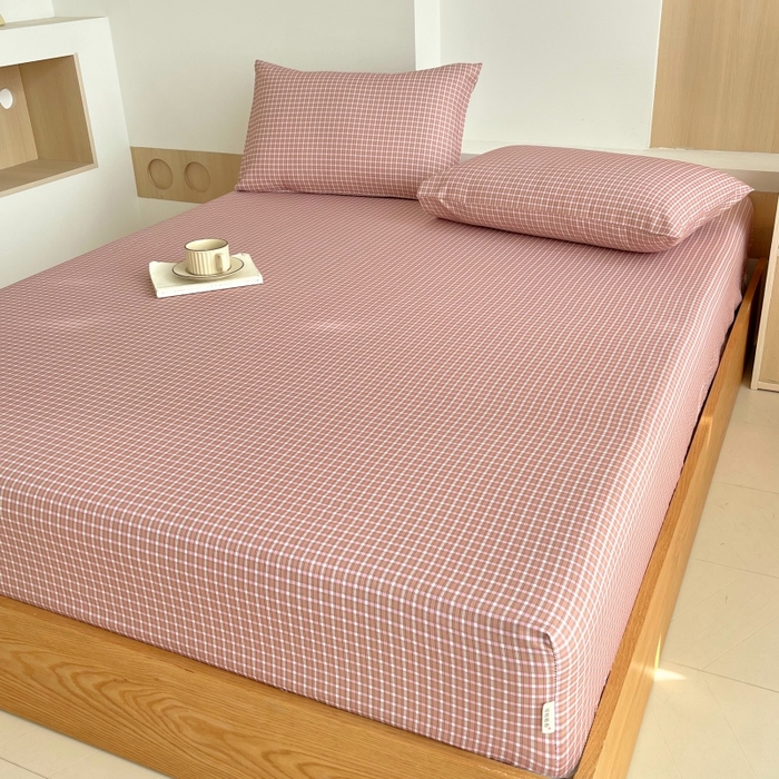 91家纺网 家纺一手货源 找家纺 慕尚家纺 2025新款全棉纯棉老粗布条格床笠款凉席席子 塞约-粉