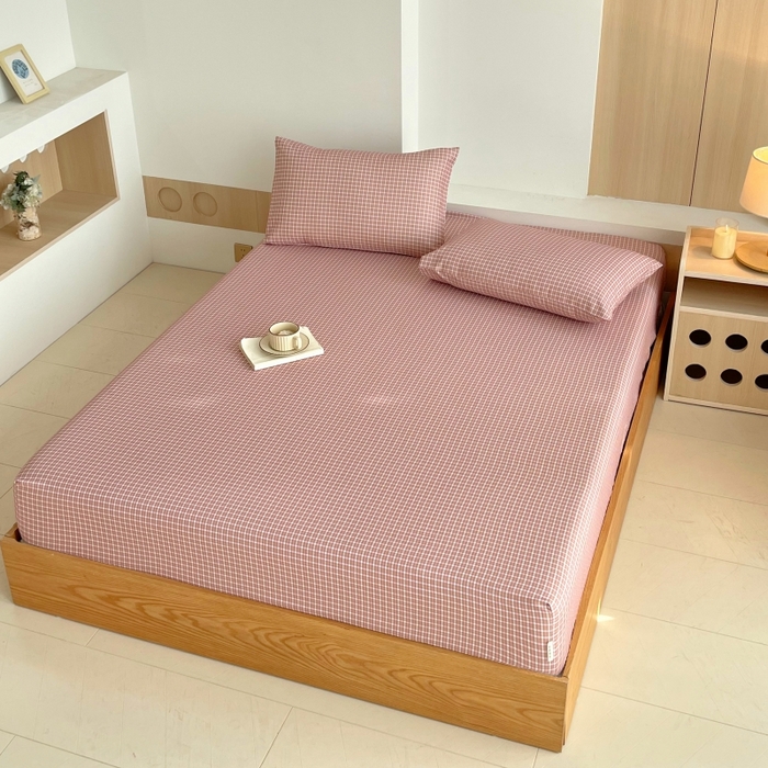 91家纺网 家纺一手货源 找家纺 慕尚家纺 2025新款全棉纯棉老粗布条格床笠款凉席席子 塞约-粉