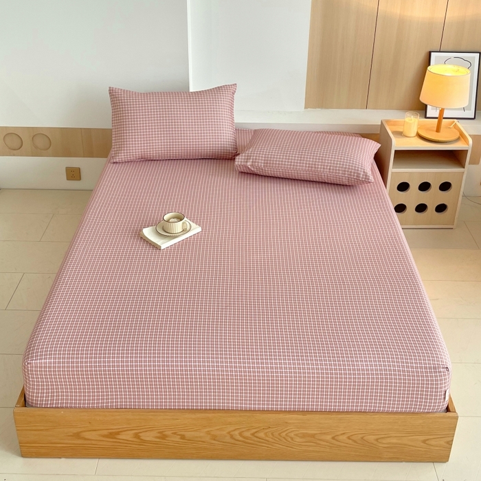 91家纺网 家纺一手货源 找家纺 慕尚家纺 2025新款全棉纯棉老粗布条格床笠款凉席席子 塞约-粉