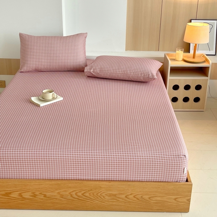 91家纺网 家纺一手货源 找家纺 慕尚家纺 2025新款全棉纯棉老粗布条格床笠款凉席席子 塞约-粉