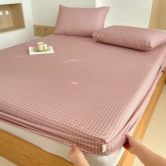 91家纺网 家纺一手货源 找家纺 慕尚家纺 2025新款全棉纯棉老粗布条格床笠款凉席席子 塞约-粉