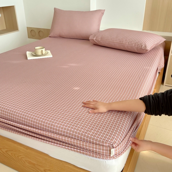 91家纺网 家纺一手货源 找家纺 慕尚家纺 2025新款全棉纯棉老粗布条格床笠款凉席席子 塞约-粉