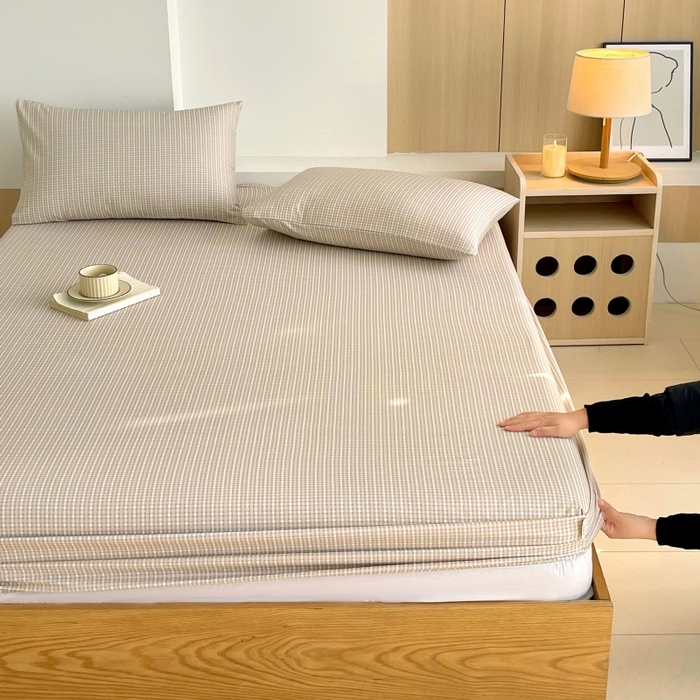 91家纺网 家纺一手货源 找家纺 慕尚家纺 2025新款全棉纯棉老粗布条格床笠款凉席席子 塞约-绿