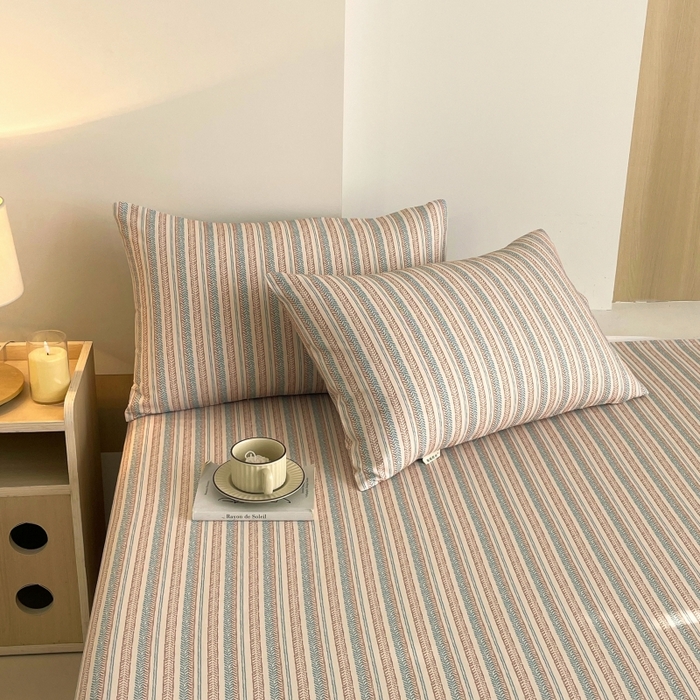 91家纺网 家纺一手货源 找家纺 慕尚家纺 2025新款全棉纯棉老粗布条格床单款凉席席子 米亚-驼