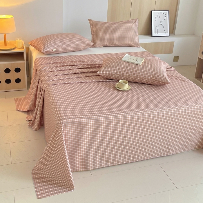 91家纺网 家纺一手货源 找家纺 慕尚家纺 2025新款全棉纯棉老粗布条格床单款凉席席子 塞约-粉