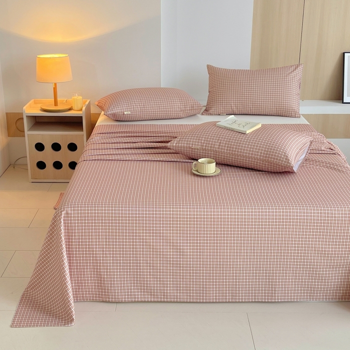 91家纺网 家纺一手货源 找家纺 慕尚家纺 2025新款全棉纯棉老粗布条格床单款凉席席子 塞约-粉