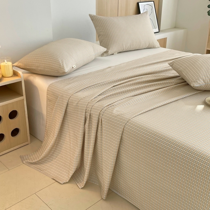 91家纺网 家纺一手货源 找家纺 慕尚家纺 2025新款全棉纯棉老粗布条格床单款凉席席子 塞约-绿