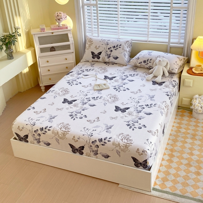 91家纺网 家纺一手货源 找家纺 慕尚家纺 2025新款全棉纯棉老粗布花卉床笠款凉席席子 花蝶纷飞