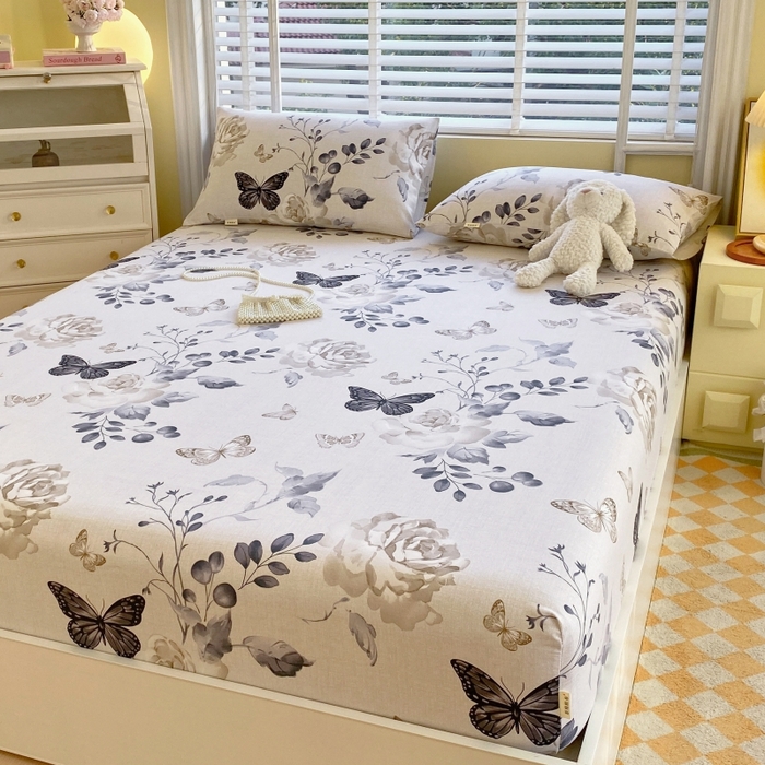 91家纺网 家纺一手货源 找家纺 慕尚家纺 2025新款全棉纯棉老粗布花卉床笠款凉席席子 花蝶纷飞