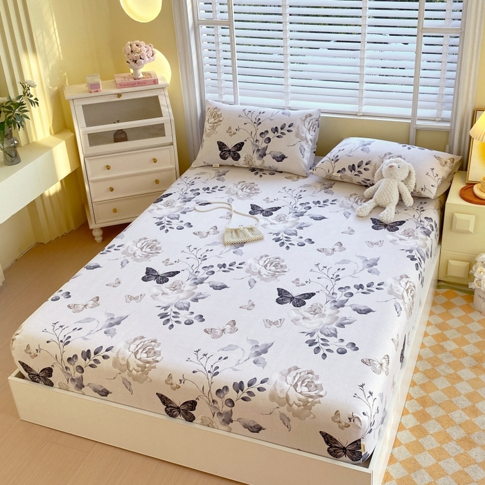 91家纺网 家纺一手货源 找家纺 慕尚家纺 2025新款全棉纯棉老粗布花卉床笠款凉席席子 花蝶纷飞