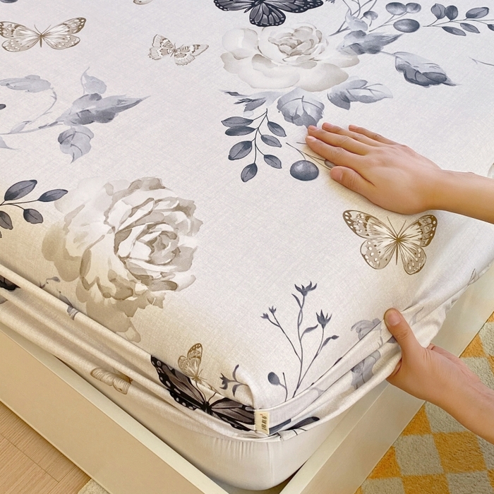 91家纺网 家纺一手货源 找家纺 慕尚家纺 2025新款全棉纯棉老粗布花卉床笠款凉席席子 花蝶纷飞