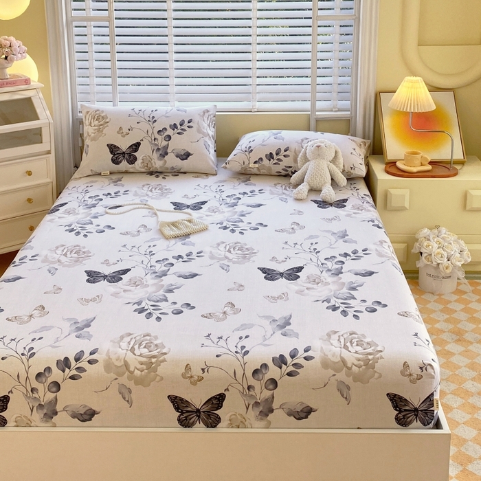 91家纺网 家纺一手货源 找家纺 慕尚家纺 2025新款全棉纯棉老粗布花卉床笠款凉席席子 花蝶纷飞