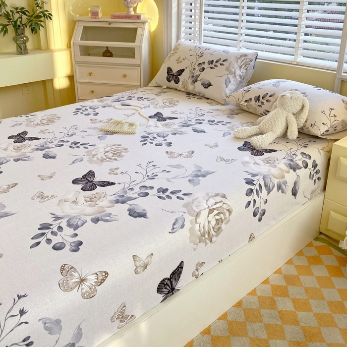 91家纺网 家纺一手货源 找家纺 慕尚家纺 2025新款全棉纯棉老粗布花卉床笠款凉席席子 花蝶纷飞