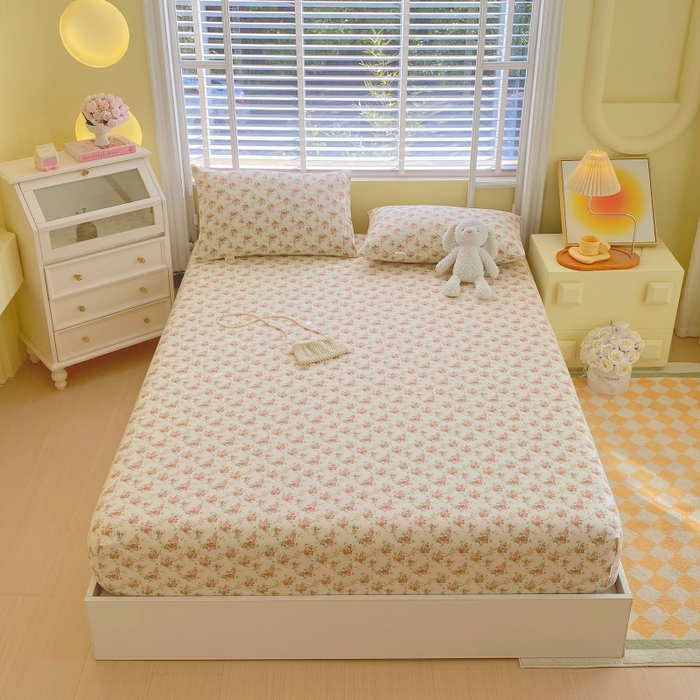 91家纺网 家纺一手货源 找家纺 慕尚家纺 2025新款全棉纯棉老粗布花卉床笠款凉席席子 花海-粉