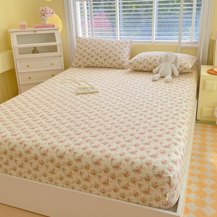 91家纺网 家纺一手货源 找家纺 慕尚家纺 2025新款全棉纯棉老粗布花卉床笠款凉席席子 花海-粉