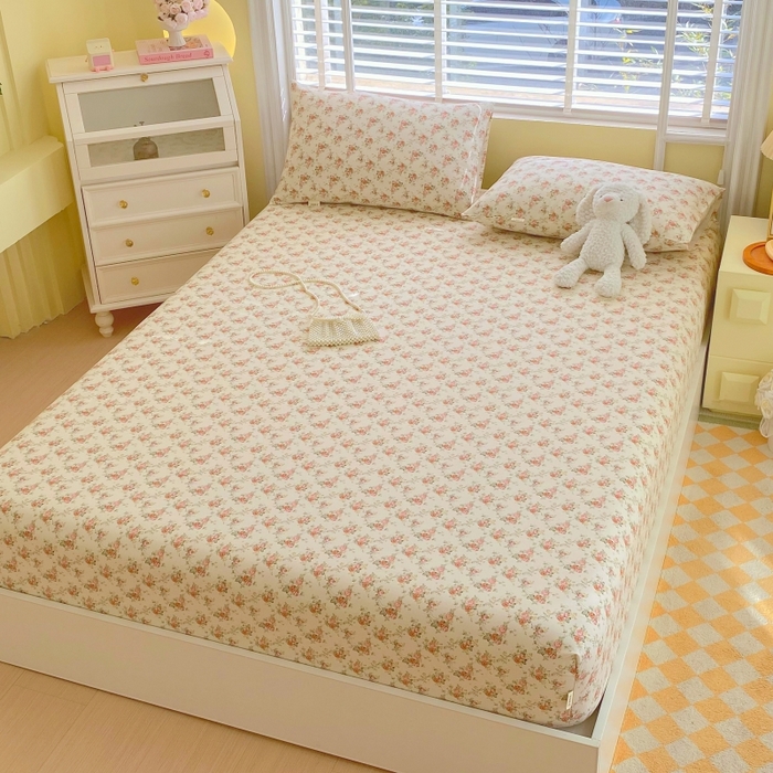 91家纺网 家纺一手货源 找家纺 慕尚家纺 2025新款全棉纯棉老粗布花卉床笠款凉席席子 花海-粉