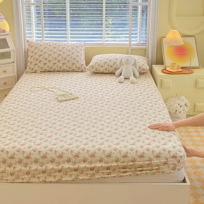 91家纺网 家纺一手货源 找家纺 慕尚家纺 2025新款全棉纯棉老粗布花卉床笠款凉席席子 花海-粉