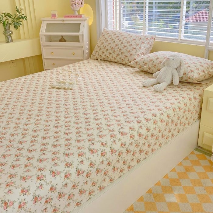 91家纺网 家纺一手货源 找家纺 慕尚家纺 2025新款全棉纯棉老粗布花卉床笠款凉席席子 花海-粉