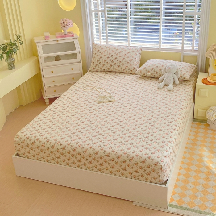 91家纺网 家纺一手货源 找家纺 慕尚家纺 2025新款全棉纯棉老粗布花卉床笠款凉席席子 花海-粉