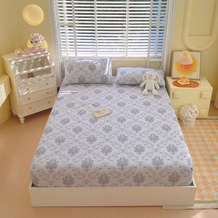 91家纺网 家纺一手货源 找家纺 慕尚家纺 2025新款全棉纯棉老粗布花卉床笠款凉席席子 花开富贵-灰