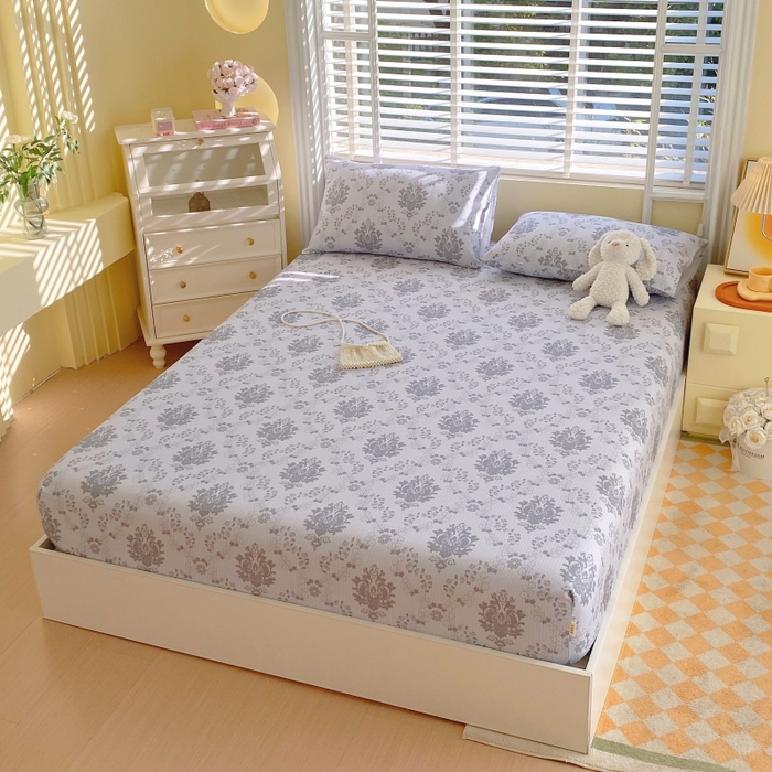 91家纺网 家纺一手货源 找家纺 慕尚家纺 2025新款全棉纯棉老粗布花卉床笠款凉席席子 花开富贵-灰