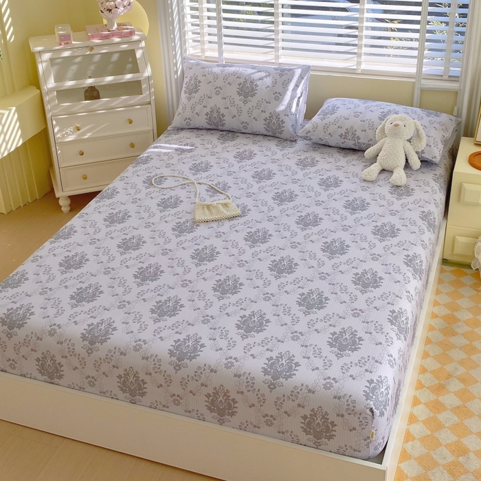 91家纺网 家纺一手货源 找家纺 慕尚家纺 2025新款全棉纯棉老粗布花卉床笠款凉席席子 花开富贵-灰