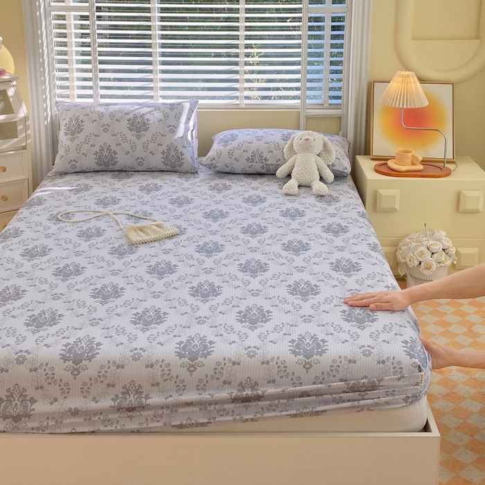 91家纺网 家纺一手货源 找家纺 慕尚家纺 2025新款全棉纯棉老粗布花卉床笠款凉席席子 花开富贵-灰