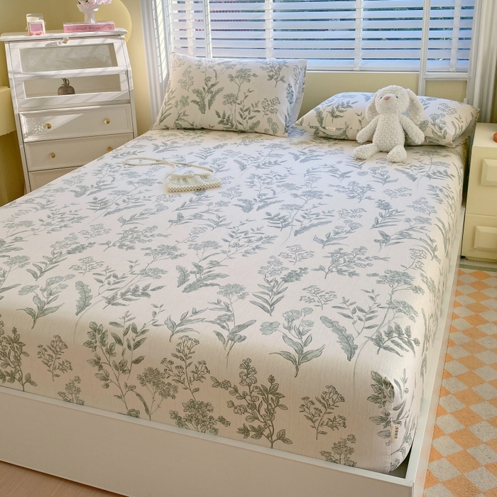 91家纺网 家纺一手货源 找家纺 慕尚家纺 2025新款全棉纯棉老粗布花卉床笠款凉席席子 绿野