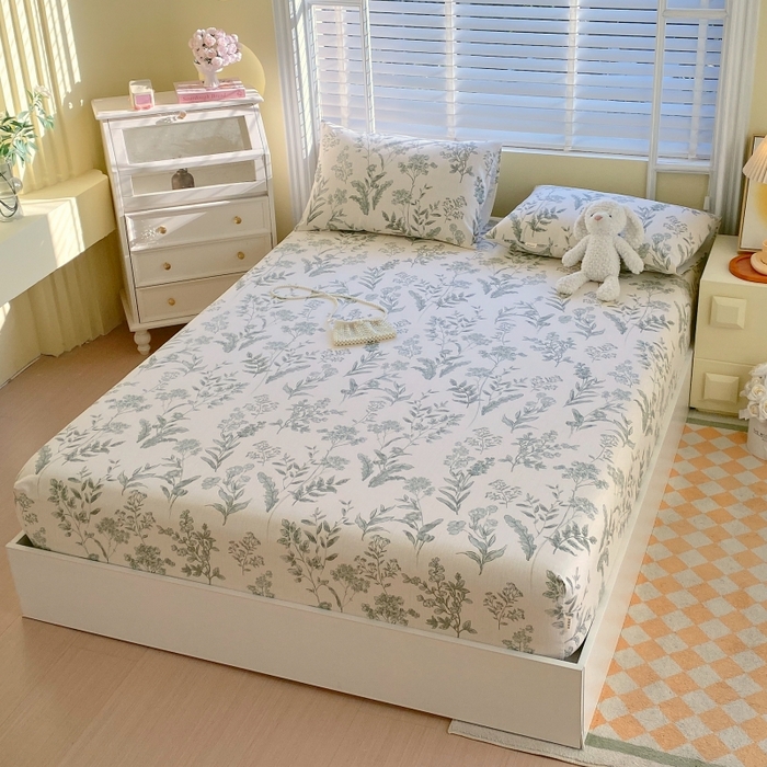 91家纺网 家纺一手货源 找家纺 慕尚家纺 2025新款全棉纯棉老粗布花卉床笠款凉席席子 绿野