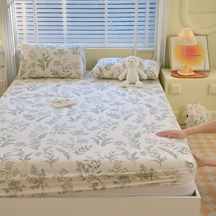 91家纺网 家纺一手货源 找家纺 慕尚家纺 2025新款全棉纯棉老粗布花卉床笠款凉席席子 绿野