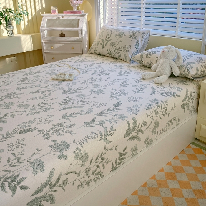 91家纺网 家纺一手货源 找家纺 慕尚家纺 2025新款全棉纯棉老粗布花卉床笠款凉席席子 绿野