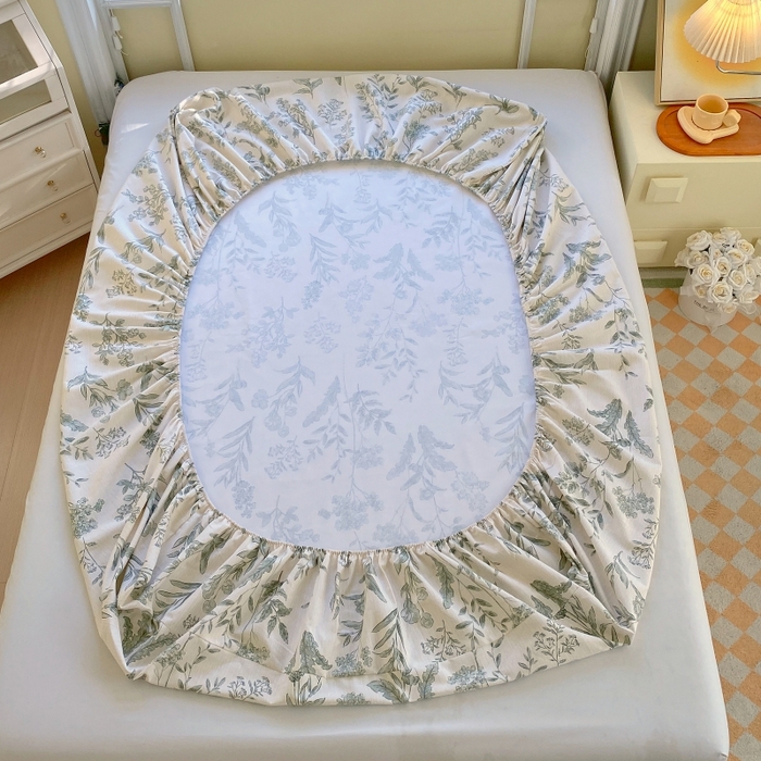 91家纺网 家纺一手货源 找家纺 慕尚家纺 2025新款全棉纯棉老粗布花卉床笠款凉席席子 绿野