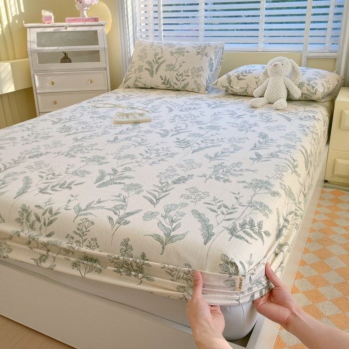 91家纺网 家纺一手货源 找家纺 慕尚家纺 2025新款全棉纯棉老粗布花卉床笠款凉席席子 绿野