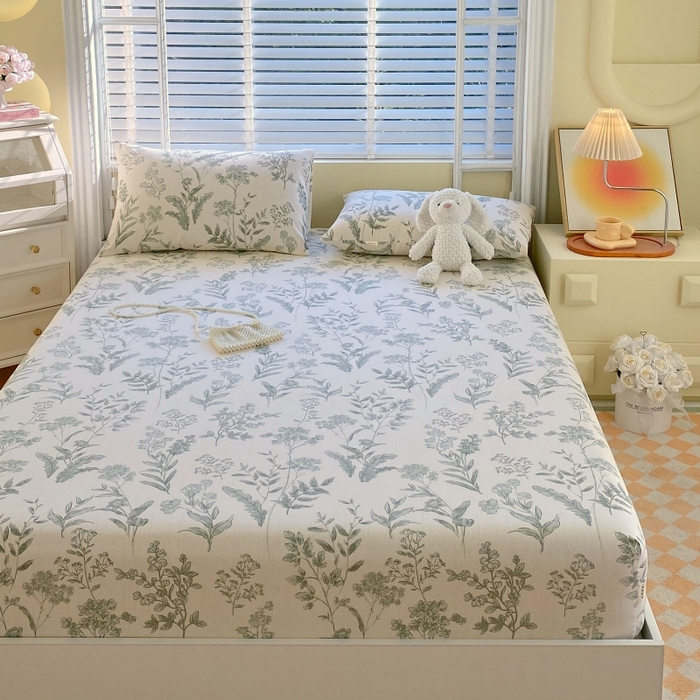 91家纺网 家纺一手货源 找家纺 慕尚家纺 2025新款全棉纯棉老粗布花卉床笠款凉席席子 绿野