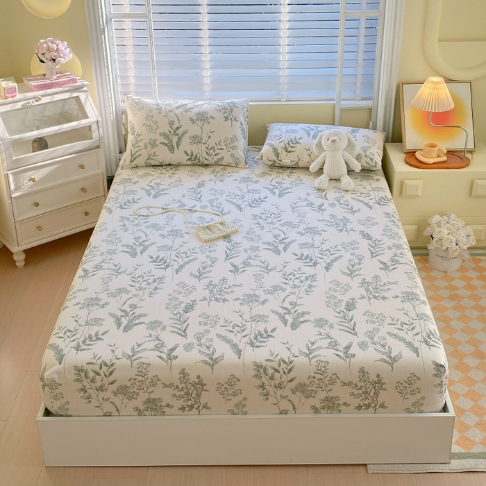 91家纺网 家纺一手货源 找家纺 慕尚家纺 2025新款全棉纯棉老粗布花卉床笠款凉席席子 绿野