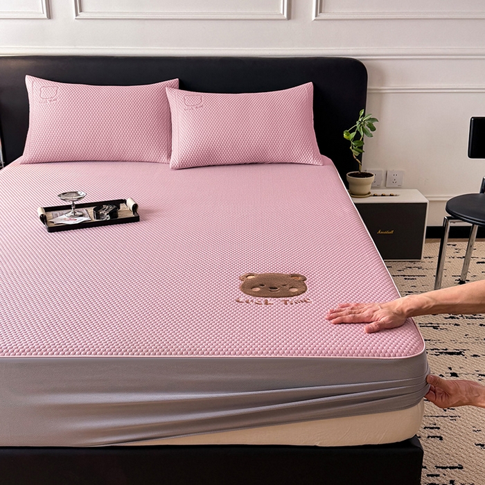 全季家居 2025新款A类乙纶PE调皮熊贴布绣系列凉豆豆席凉席席子 床笠款-淡粉