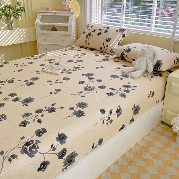 91家纺网 家纺一手货源 找家纺 慕尚家纺 2025新款全棉纯棉老粗布花卉床笠款凉席席子 莫奈花