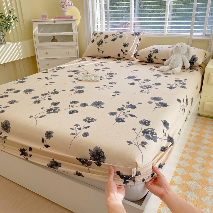 91家纺网 家纺一手货源 找家纺 慕尚家纺 2025新款全棉纯棉老粗布花卉床笠款凉席席子 莫奈花